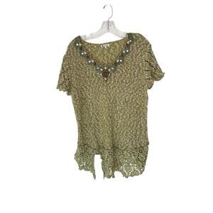 Vintage Green Seashells Beaded Gremlincore‎ Knit Short Sleeve Sweater Size XL